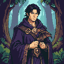 Brooding Asian male Warlock in purple and gold robes cradles a small bat in a mystical forest.