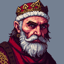 A stern, weathered warrior wearing a regal crown and fur-lined collar, with a thick white beard and mustache, gazes forward. He wears a rich red cloak with golden embroidery on the shoulder.
