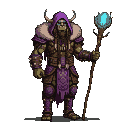 Orc shaman in a purple hooded robe with fur trim, studded leather armor, and a braided beard with bone trinkets. They hold a gnarled staff with a glowing blue orb.