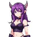 Anime succubus with purple hair and eyes, wearing a dark, revealing top and choker.