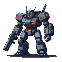 A heavily armored mech with glowing red energy conduits and optical sensors, holding a large firearm in its left hand.