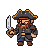 Gruff pirate with a bushy beard and tricorn hat, holding a cutlass, wearing a dark tattered coat and brown boots.