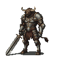 A minotaur knight in weathered plate armor holding a broadsword.