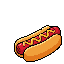 Pixel art hot dog with golden bun, red sausage, and yellow mustard zigzag on black background.