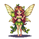 Whimsical fairy with auburn hair, white flowers, and translucent wings, wearing a green leaf dress, holding a ripe green pear.