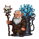 Grizzled dwarf geomancer with white beard, holding a skull-topped staff, stands before a humming machine of pipes and glowing blue crystals.