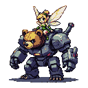 A small blonde pixie with translucent wings, wearing a green outfit, sits regally on the head of a dark gray mech bear with glowing red accents.