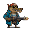 Mottled brown pirate crocodile wearing a red bandana and dark sunglasses, a blue coat over a striped shirt, holding a minigun with a faint orange glow.