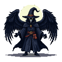 A cloaked figure with a witch's hat and plague doctor mask, featuring large blue and black feathered wings, stands against a glowing golden-yellow orb on a black background.