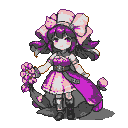 Pixelated character with a purple and pink dress and a bow in her hair, holding a bouquet of pink flowers.