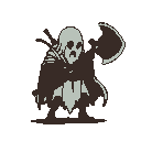 Menacing spectral warrior with skeletal face screaming, wearing tattered dark robes, and wielding a large two-handed axe.