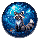 A raccoon with bright blue eyes sits under a stormy sky lit by electric blue lightning.