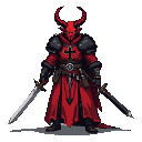Fallen inquisitor turned daemon, with red skin, horns, and a scarlet robe bearing a black Templar cross. Wears black fur epaulettes and wields a saber and dagger, with a menacing gaze.