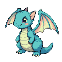 A baby blue dragon with pale yellow and pink wings, rosy blush on its cheeks, and a creamy underbelly.