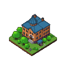 Orange building with a blue, conical-spired roof, surrounded by green grass and rounded trees.