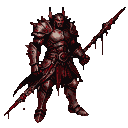 Fearsome hell knight in blood-stained gothic armor, holding a matching bloody sword, poised for combat.