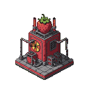 Isometric strawberry-shaped nuclear machine with pipes and a circular power emblem on a tiled platform.