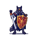 Paladin with a wolf's head, glowing red eyes, dark segmented armor, and a flowing cape, holding an ornate shield with a golden dragon motif and a gleaming broadsword.