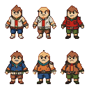 Six stout, pixelated characters with determined expressions stand ready in varied outfits of earthy tones and reds.