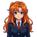 Young woman with vibrant orange hair and blue eyes, wearing a white shirt, blue blazer, and red tie, with a subtle smile.