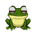 A pixelated frog with eyes closed and a slight smile sits peacefully.