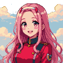 Anime girl with long pink hair, red uniform, and small horns, smiling joyfully against a pixelated 8-bit sky.