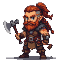 Dwarf warrior with fiery red beard, braided hair, and determined gaze, holding a two-handed axe, wearing leather armor with fur. Burn mark on left shoulder and chest.