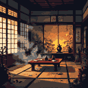 Tatami room with ritualistic objects, vintage furniture, and shoji doors with unsettling floral fungus. Mist drifts through the eerie, warm glow.