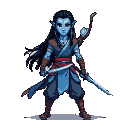 Blue-skinned warrior with long dark hair, wearing a layered tunic, red sash, and leather straps. Holds a curved sword, another sheathed at hip, and carries a bow and quiver.