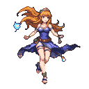 Young woman with auburn hair, blue flowing dress, and a determined expression, holding a glowing orb of energy.