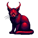 A demonic cat with deep red, orange, and purple fur, glowing yellow eyes, and two curved horns, seated against a black background.