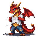 Anthropomorphic red dragon with golden horns and claws tearing white t-shirt and blue jeans, grinning with sharp teeth.