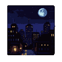 A dark city skyline under a full moon, with glowing skyscraper windows and reflections on a wet street.