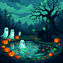 Translucent white ghosts float around a shimmering green pool with carved pumpkins. A dark, cloaked figure stands by a gnarled tree, holding a glowing green object.