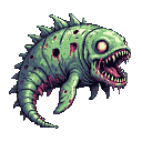 Grotesque amphibious creature with gaping mouth, sharp teeth, decaying flesh, and dorsal spines against a black background.