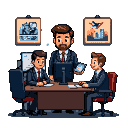 Three businessmen in suits are gathered around a conference table, one standing with a tablet, in a productive meeting. Two framed art pieces hang on the wall behind them.