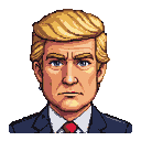 A stern-faced man with blonde hair and a blue suit, depicted in a pixelated portrait.