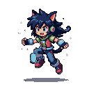 Character with dark spiky hair, cat ears, headphones, and gloves, mid-jump, wearing a blue, red, and green outfit with a tail. Small white pixels surround the character.