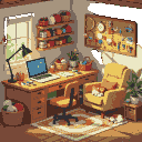 A cozy craft room with a wooden desk, laptop, yarn, embroidery hoops, and craft supplies. Shelves above hold more supplies, and a pegboard displays pixel art. A cat sleeps on a rug.