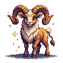 A majestic ram with spiraling horns, brown and cream fur, and a white mane stands against a dark, starry sky with golden pixel accents.