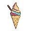 A pastel pink and light blue swirled ice cream cone with a golden brown waffle cone and a dark stick.