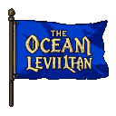 A tattered blue flag with "THE OCEAN LEVIATHAN" in gold lettering.