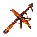 Crossed pickaxe and spear with molten lava effects against a black background.