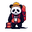 A panda wearing an orange life vest and yellow hard hat, with a red backpack and orange suitcase, stands ready for adventure.