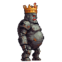 A stout, armored king in profile, wearing a golden pixelated crown, with glowing red eyes and a stern expression.