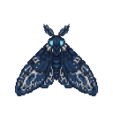 Dark moth with deep blue wings, adorned with shimmering silvery patterns. Its eyes glow with cyan light against a black background.