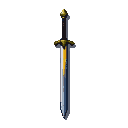 A solitary sword with a golden hilt and a yellow-to-dark blade stands upright on a black background.