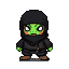 Anime-style ninja with a vibrant green, chameleon-like face, large expressive eyes, and blush marks on its cheeks. Dressed in dark ninja attire, hood, scarf, and brown boots.