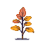 A pixel art plant with a dark purple stem and broad leaves in shades of orange and golden yellow, resting on a greyish-purple ground against a black background.