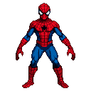 Spider-Man in his red and blue suit, in a dynamic pose with white mask lenses, on a black background.